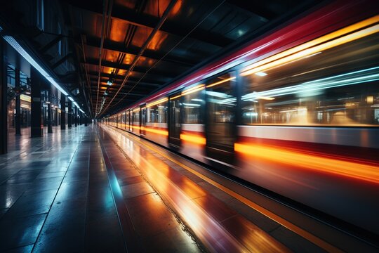 Futuristic High Speed Light Tail, Underground Subway in Motion. City Nightlife Background.
