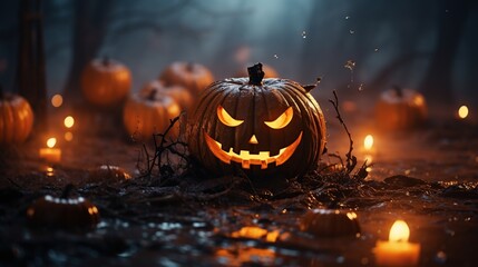 Naklejka premium Halloween Pumpkin In Spooky Forest At Night