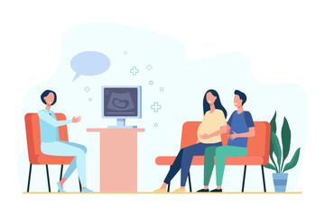 Happy couple looking at ultrasound scan vector illustration. Cartoon drawing of husband and pregnant wife at hospital or clinic with gynecologist. Pregnancy, parenthood, medicine, childbirth concept