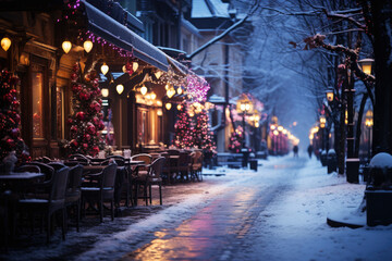 Fototapeta na wymiar Night city winter snowy street decorated with luminous garlands and lanterns for christmas, urban preparations for new year