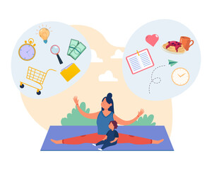 Mother and daughter with work and household elements in bubbles. Woman and little girl doing yoga together, mom balancing responsibilities vector illustration. Motherhood, work-life balance concept