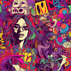 Fototapeta na wymiar Psychedelic trippy hypnotic surrealism pop collage moodboard repeat pattern