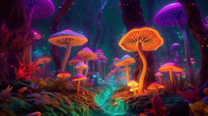 Fototapeta na wymiar a psychedelic forest filled with magical glowing mushr.Generative AI