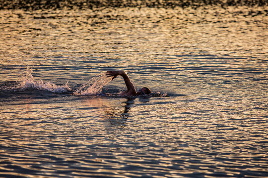 Schwimmen im Opfinger See bei Sonnenuntergang