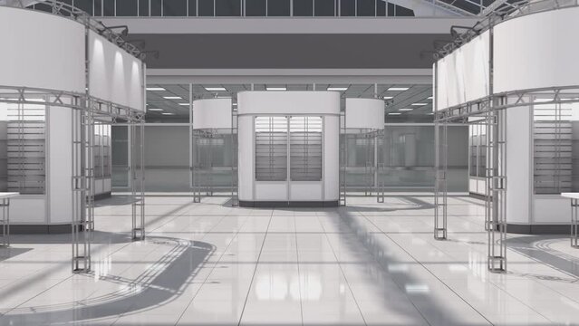 The passage between the exhibition and trade pavilions in the hall with a transparent roof. 3d animation