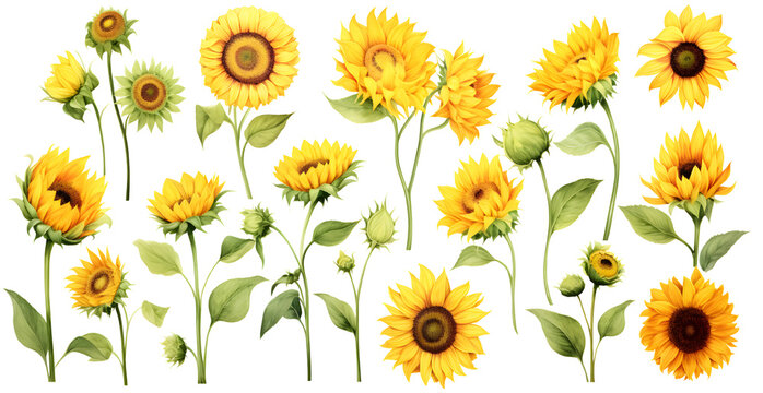 Array of sunflowers in different sizes and shapes. Watercolor style design cutouts with transparency available. 