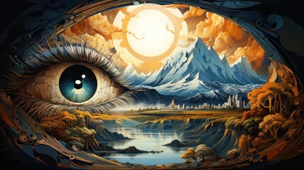 illustration of an eye with abstract mountain landscape. Made with Generative AI.