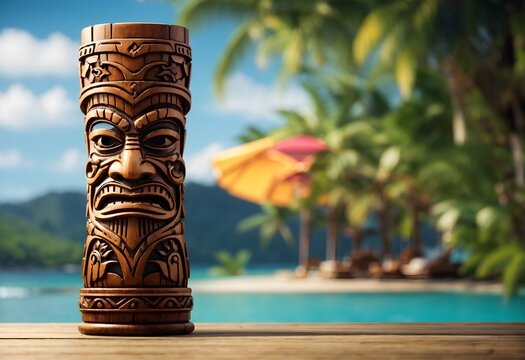 Polynesian culture,isolated tiki statue, hawai, banner with copy space text 