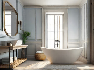 Fototapeta na wymiar Realistic coastal bathroom with beautiful sunlight.