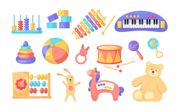 Colorful educational toys for children vector illustrations set. Rattles, stuffed animals, teddy bear, musical instruments, cubes, puzzles and ball. Playtime toys, education, fun concept