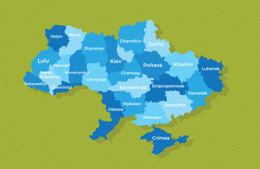 Fototapeta na wymiar Ukraine map with names of the regions blue political map green background vector illustration