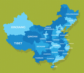 China map with names of the regions blue political map green background vector illustration