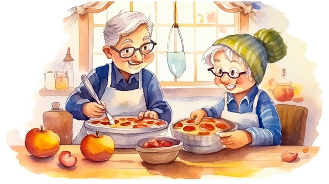 Grandpa helps grandma prepare delicious homemade cookies. Illustration for a children's book. The concept of a happy family life