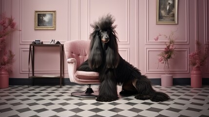 afghan hound dog at hair salon illustration generative ai 