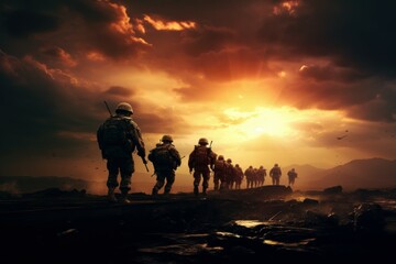 Fototapeta na wymiar Brave Army during sunset. Generate Ai