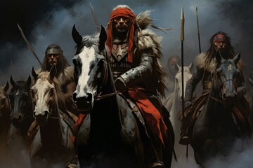 Naklejka premium Strong Army warriors horseback. Generate Ai