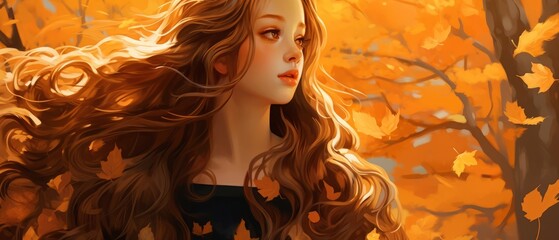 Beautiful girl surrounded by autumn leaves. Generative AI