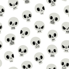 Doodle Halloween skulls, vector pattern