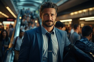 Fototapeta premium In the heart of the city, a focused businessman ascends the bustling main station's escalators, symbolizing the pace of modern business
