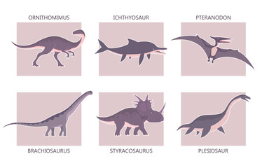 Set of ancient carnivorous and herbivorous dinosaurs. Brachiosaurus, plesiosaurus and pteranodon. Extinct lizard of the Jurassic period. Paleontology animals. Prehistoric dino. Vector illustration