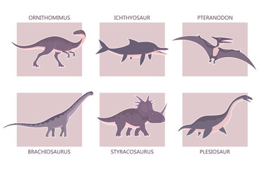 Set of ancient carnivorous and herbivorous dinosaurs. Brachiosaurus, plesiosaurus and pteranodon. Extinct lizard of the Jurassic period. Paleontology animals. Prehistoric dino. Vector illustration © Mikhail