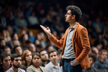 Communication with the audience at a large press conference. A young man asks the speaker a question while simultaneously communicating with the audience.