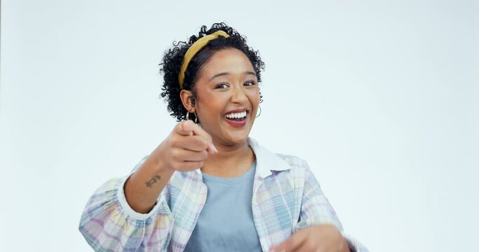 Happy, woman face and no finger in studio for bad, humor or inappropriate joke on white background. Funny, portrait and female person with emoji hand for stop laughing, fake news or crazy gossip