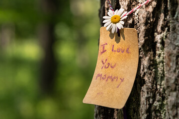 I love you mommy note created by a child tied to a tree in the forest with a daisy.  Note was one...