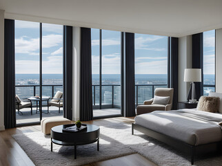 Realistic penthouse interior design: medium shot hyperdetailed.