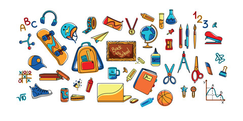 Cool school. Multicolored school supplies, icons set. Vector.