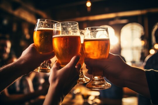Back view friends toasting beer. Generate Ai