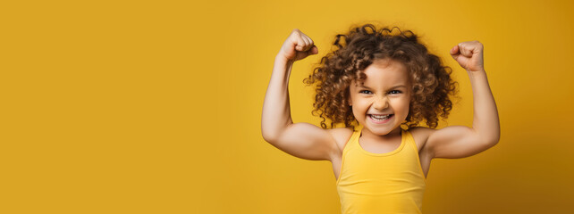 3-year-old funny and ridiculous child shows his biceps. Funny and smiling. Generative AI - obrazy, fototapety, plakaty