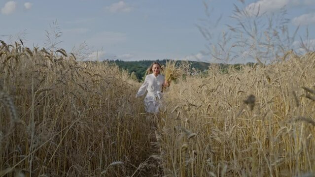 Beautiful girl in a White Dress Runs Across a Wheat Field with Spikelets Slow mo