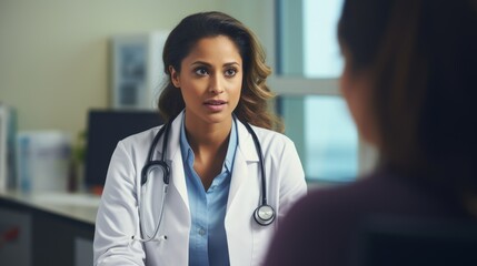 Female doctor attentively listening to a patient during a medical consultation. Generative AI