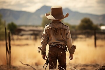 Fototapeta premium Back view cowboy boy. Generate Ai