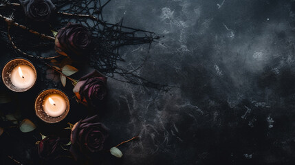 Dead Roses in Gradient Red, Purple, and Black Petal Tones with Lit Candle Against Matte Black Background - Moody Lighting and Dark Academia/Witchy Aesthetic - Generative AI