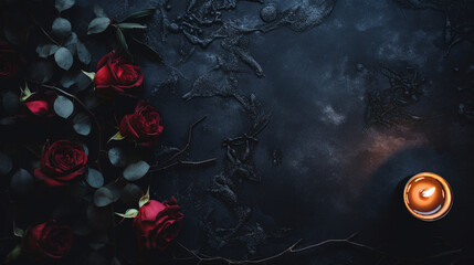 Dead Roses in Gradient Red, Purple, and Black Petal Tones with Lit Candle Against Matte Black Background - Moody Lighting and Dark Academia/Witchy Aesthetic - Generative AI