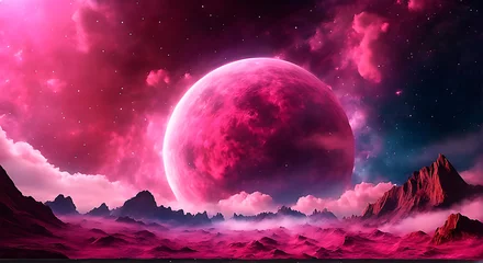 Fototapeten Pink alien landscape with a pink planet in the night sky © Creative mind