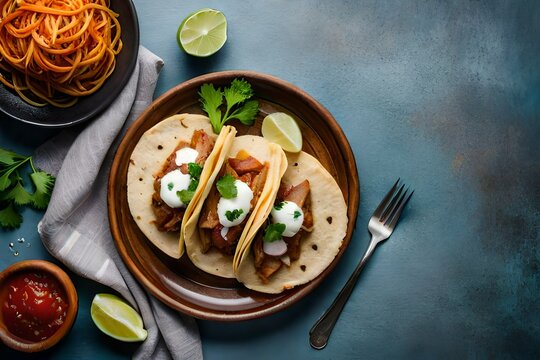 three Mexican pork carnitas tacos flat lay composition 