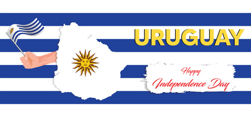 Uruguay independence day with map hand holding waving flag vector poster