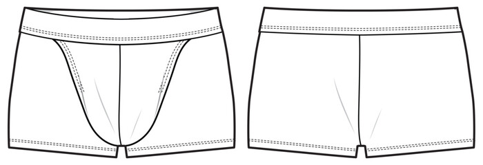 Men's boxer brief underwear front and back view flat sketch fashion illustration, Gents trunk under garments vector template