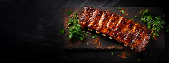 Delicious barbecued ribs seasoned with a spicy basting sauce and served with chopped fresh herbs on dark background, top view