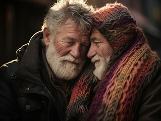 Elderly gay couple. Joyful nice elderly couple smiling while being in a great mood