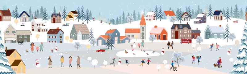Fotobehang Seamless pattern Winter landscape,Celebrating Christmas and New Year 2024 in City at night with happy people playing ice skate in the park,Vector horizontal banner winter wonderland in countryside © Anchalee