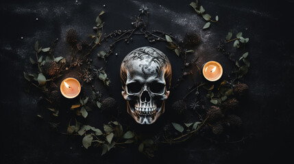 Mystical and Magical Skull Flat Lay With Dead Flowers and Foliage on Matte Black Background - Lit Candle and Witchy Decorations - Generative AI