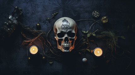 Mystical and Magical Skull Flat Lay With Dead Flowers and Foliage on Matte Black Background - Lit Candle and Witchy Decorations - Generative AI
