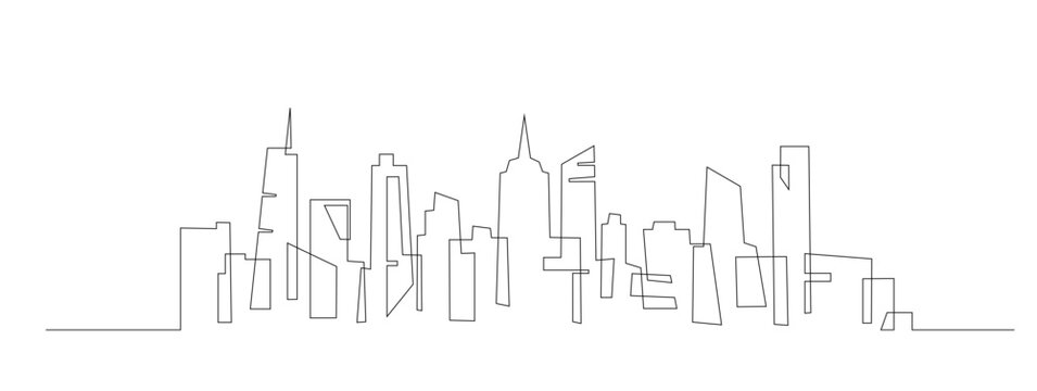 Continuous single line city landscape panorama. One line cityscape. Downtown landscape with skyscrapers. Architectural panorama. Hand drawn scketch with silhouettes, city, skyscraper, building. Vector