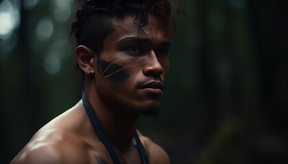 Muscular Aztec warrior in the rainforest, ai art