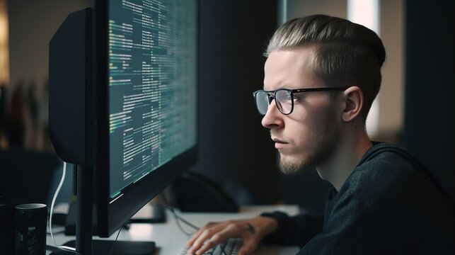 Hacker guy sits in front of a computer monitor and thinks about program code, ai art