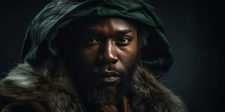 Nigerian viking warrior in a green jacket with fur., ai art